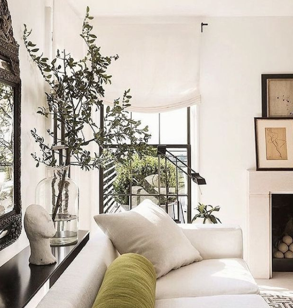 Betsy Brown designed neutral minimal modern European influenced living room with linen sofa, large potted tree, and olive velvet cushion.