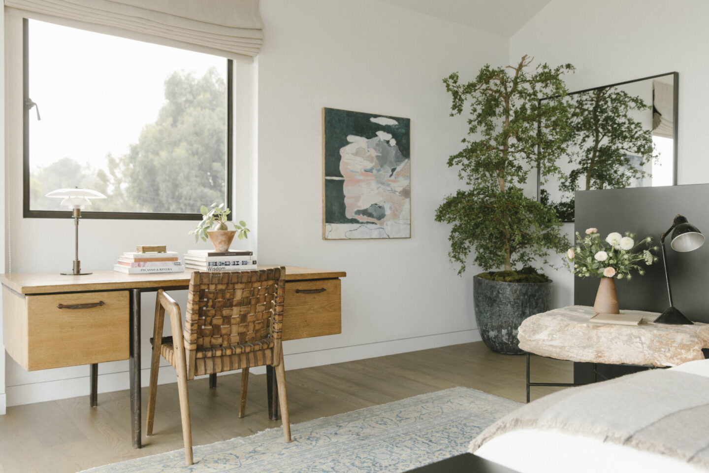 Modern rustic warm Courtney Cox designed bedroom in Pacific Natural at Home by Jenni Kayne. #modernrustic #californiacalm