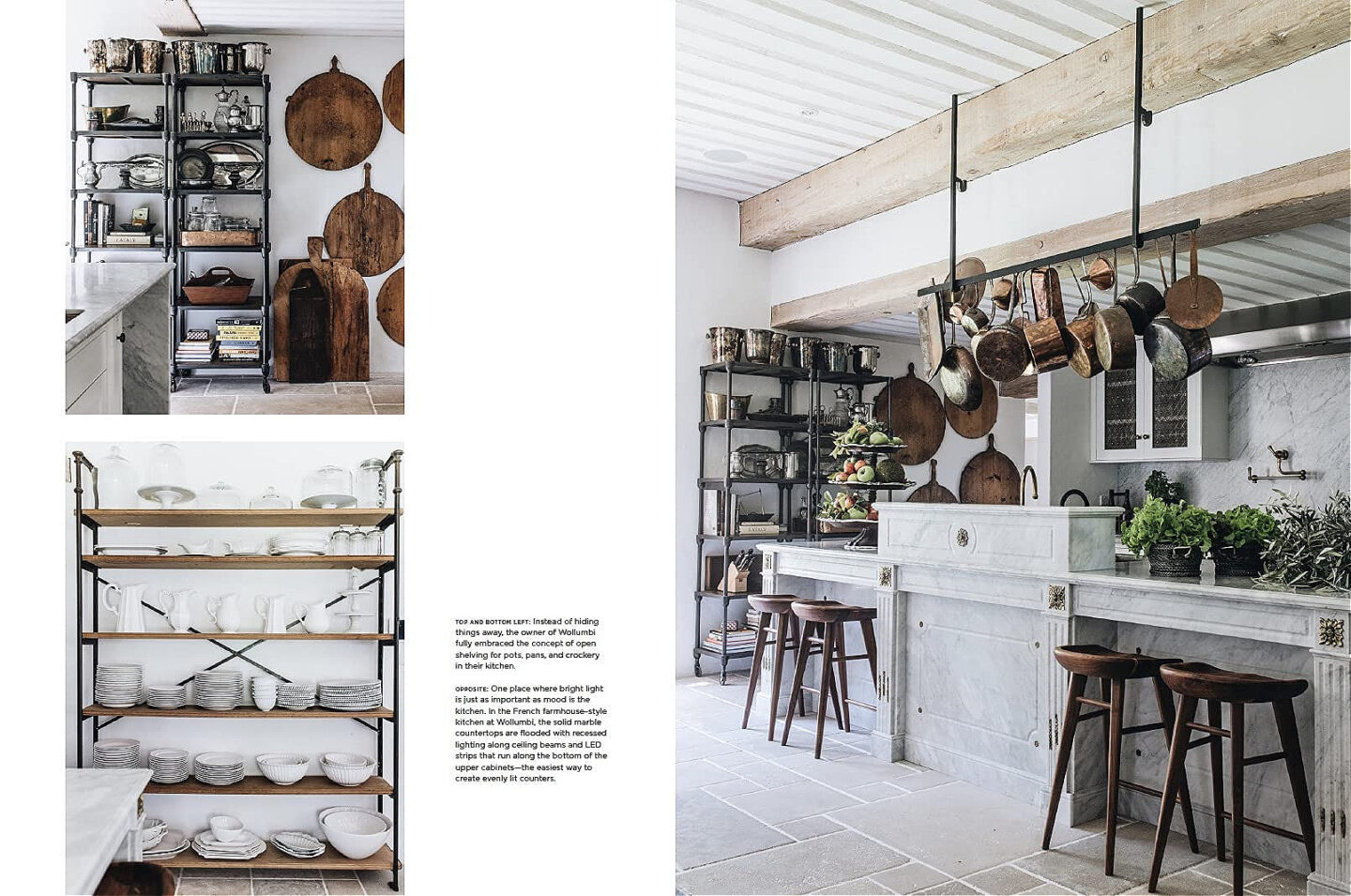 A gorgeous French inspired kitchen with open shelving, marble, and timeless design - from Melissa Penfold's Living Well By Design (Vendome, 2021).