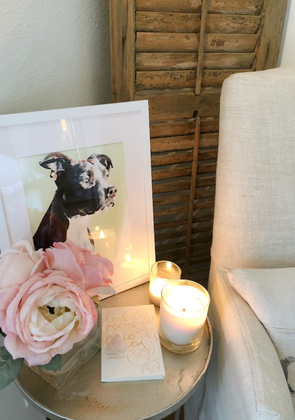 Pit bull dog watercolor custom pet portrait from minted in white frame in a cozy corner of our bedroom - Hello Lovely. #dogwatercolor #petpainting #pitbullpainting