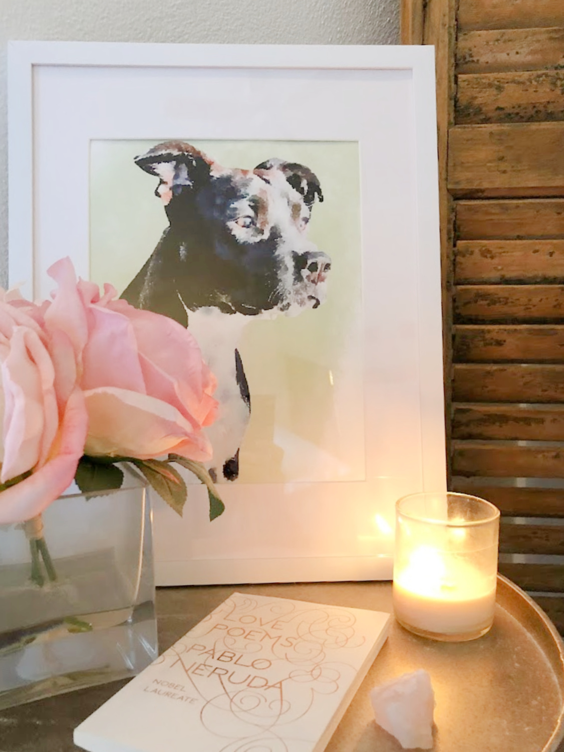 Pit bull dog watercolor custom pet portrait from minted in white frame in a cozy corner of our bedroom - Hello Lovely. #dogwatercolor #petpainting #pitbullpainting