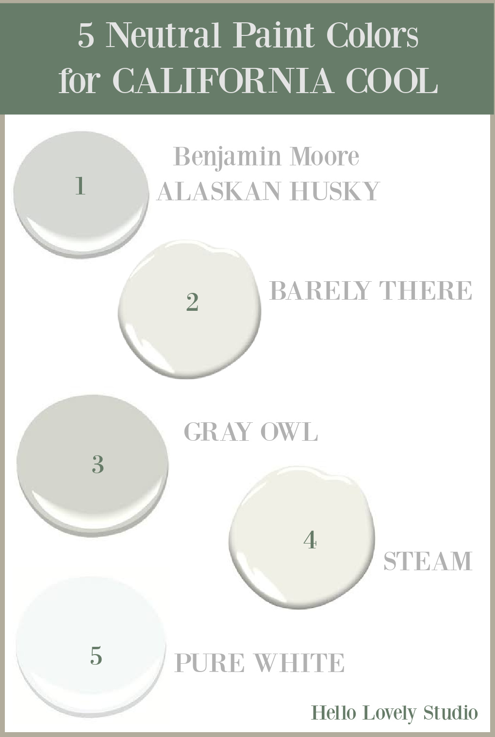 5 Neutral Paint Colors for California Cool from Benjamin Moore - Hello Lovely Studio. #neutralpaintcolors #paintcolors