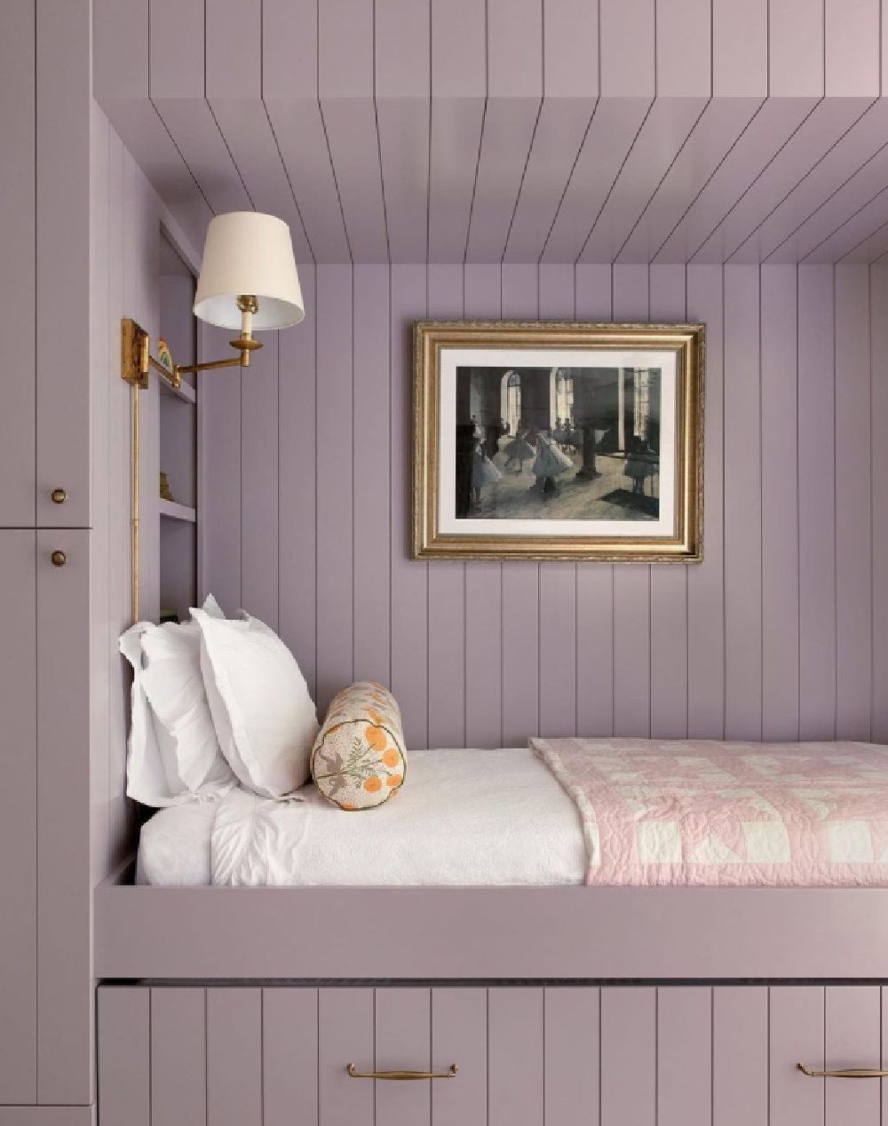 Cozy sleeping nook painted lavender - @shannoneddingsinteriors. #lavender #paintcolors #cozynook #bednook