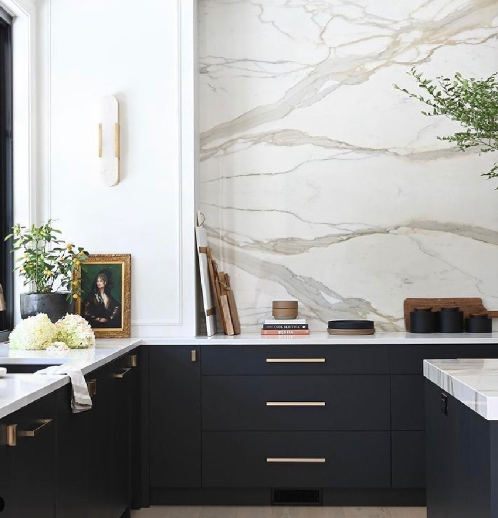 Elegant chic black kitchen by Tom Lenovich Design. #blackkitchencabinets