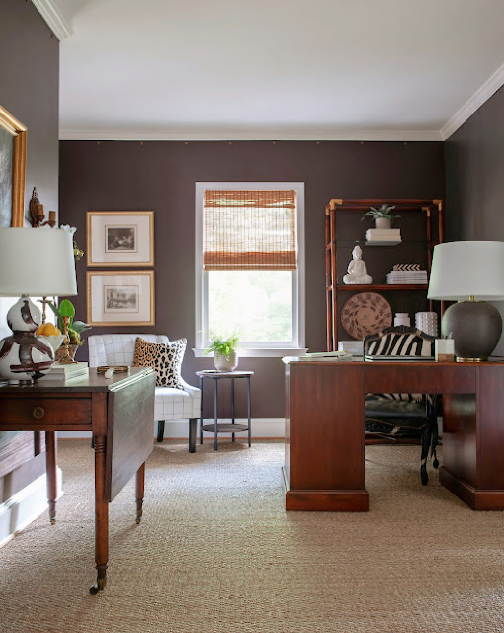 Home office in a traditional interior with moody bronze painted walls - Sherry Hart.