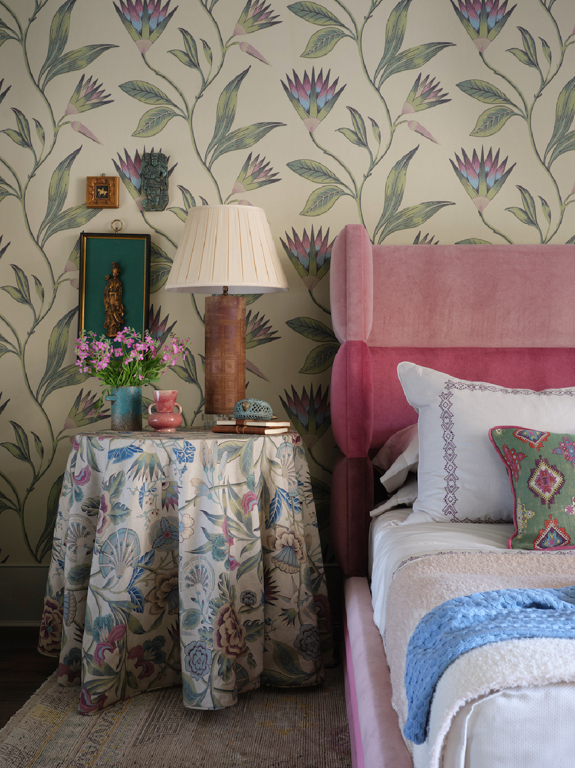 Kristin Kong designed bedroom with Thibaut wallpaper in Atlanta Home for Holidays Designer Showhouse 2021.