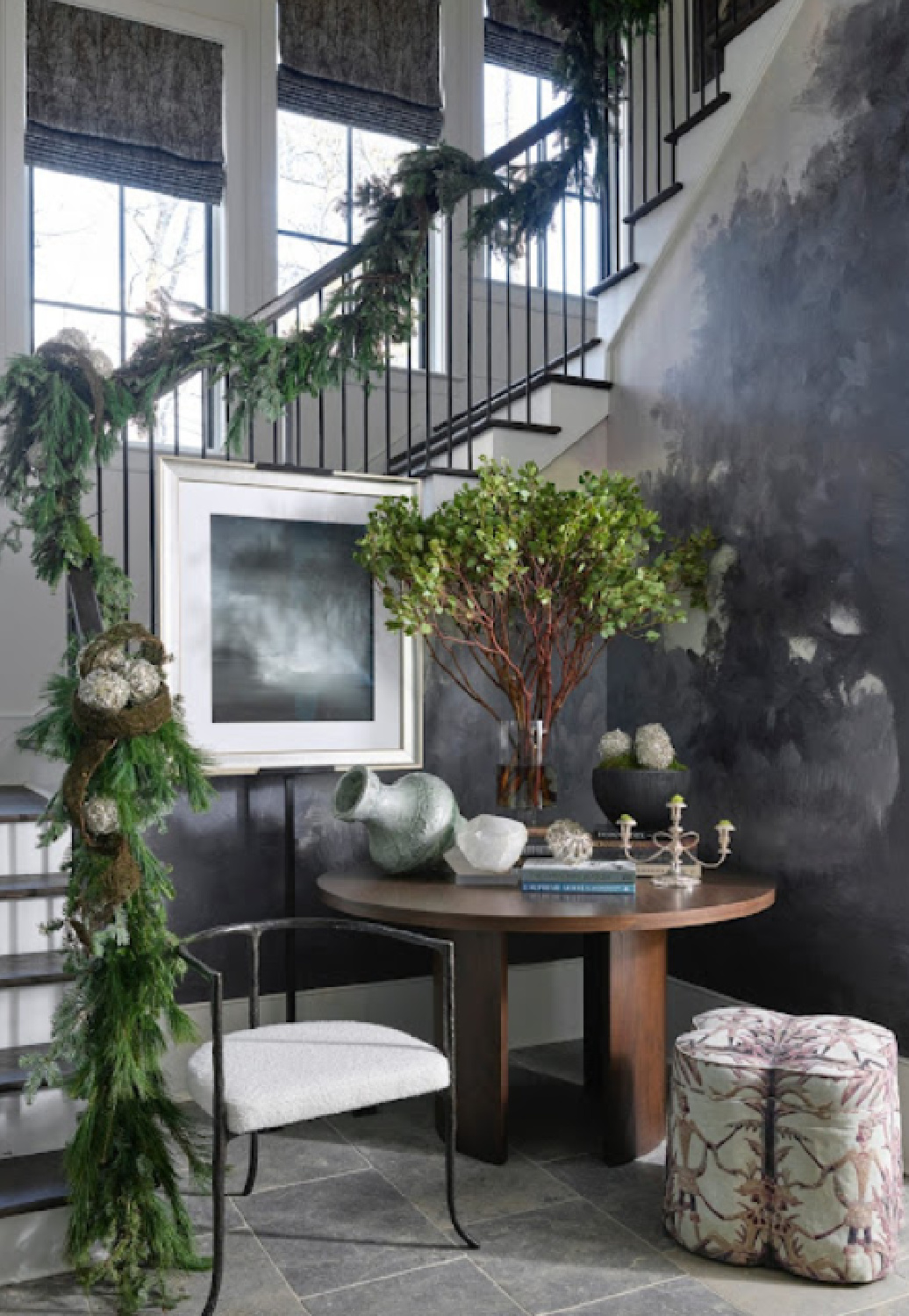 Atlanta Home for the Holidays Designer Showhouse staircase with moody dark colors contrasted with white. #staircase #interiordesign