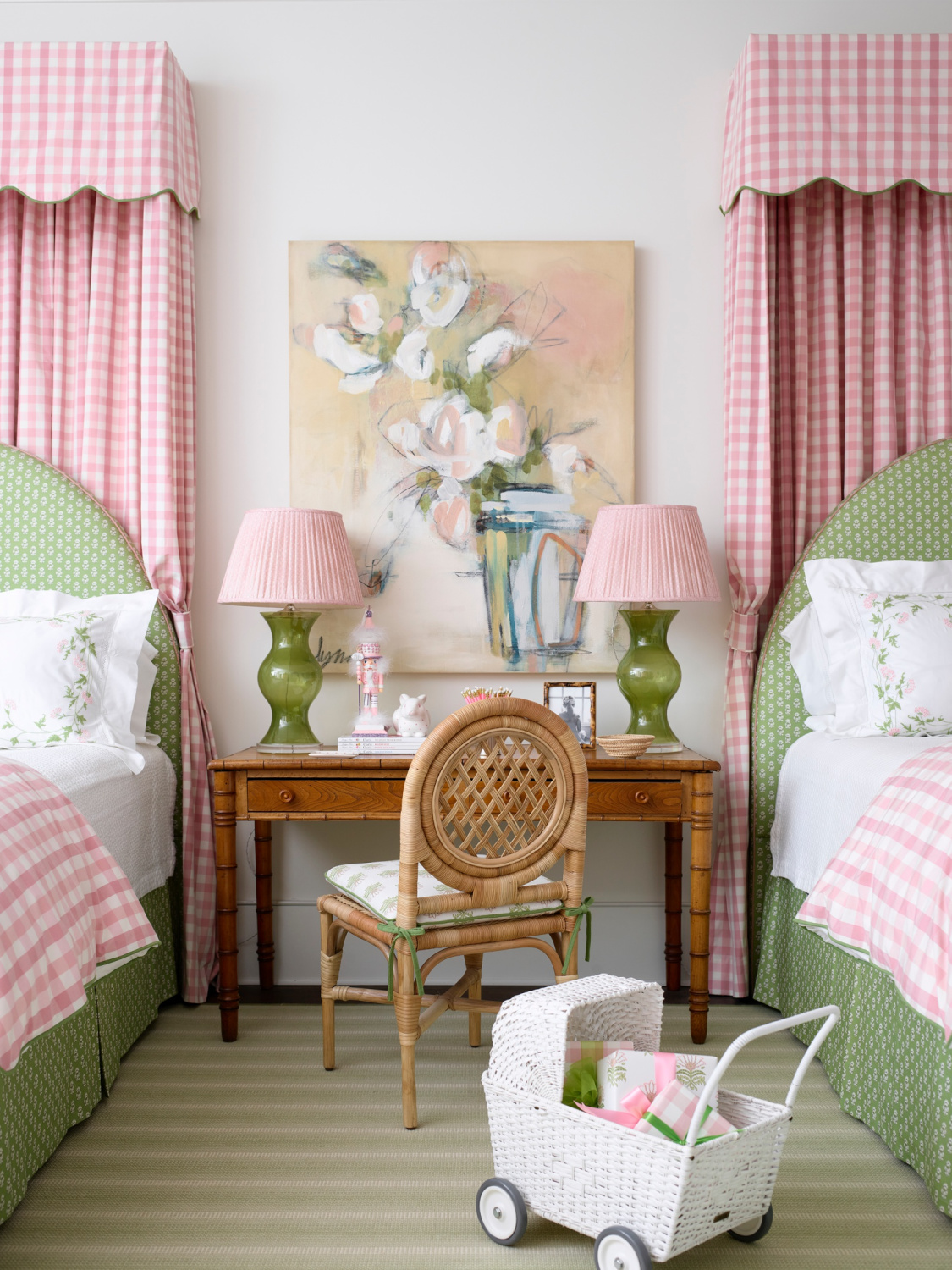 Courtney Giles Interiors bedroom with pink and green in Atlanta Home for Holidays Designer Showhouse 2021. #bedroomdecor #pinkgingham #pinkanadgreen