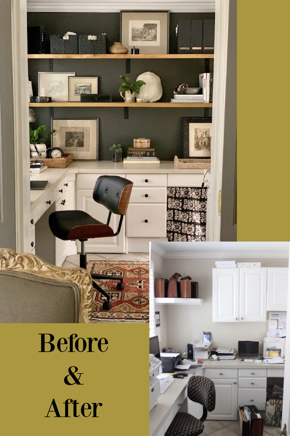 Before and after home office makeover - Sherry Hart. Paint color is Benjamin Moore Iron Mountain. #ironmountain #paintcolors #blackpaintcolors