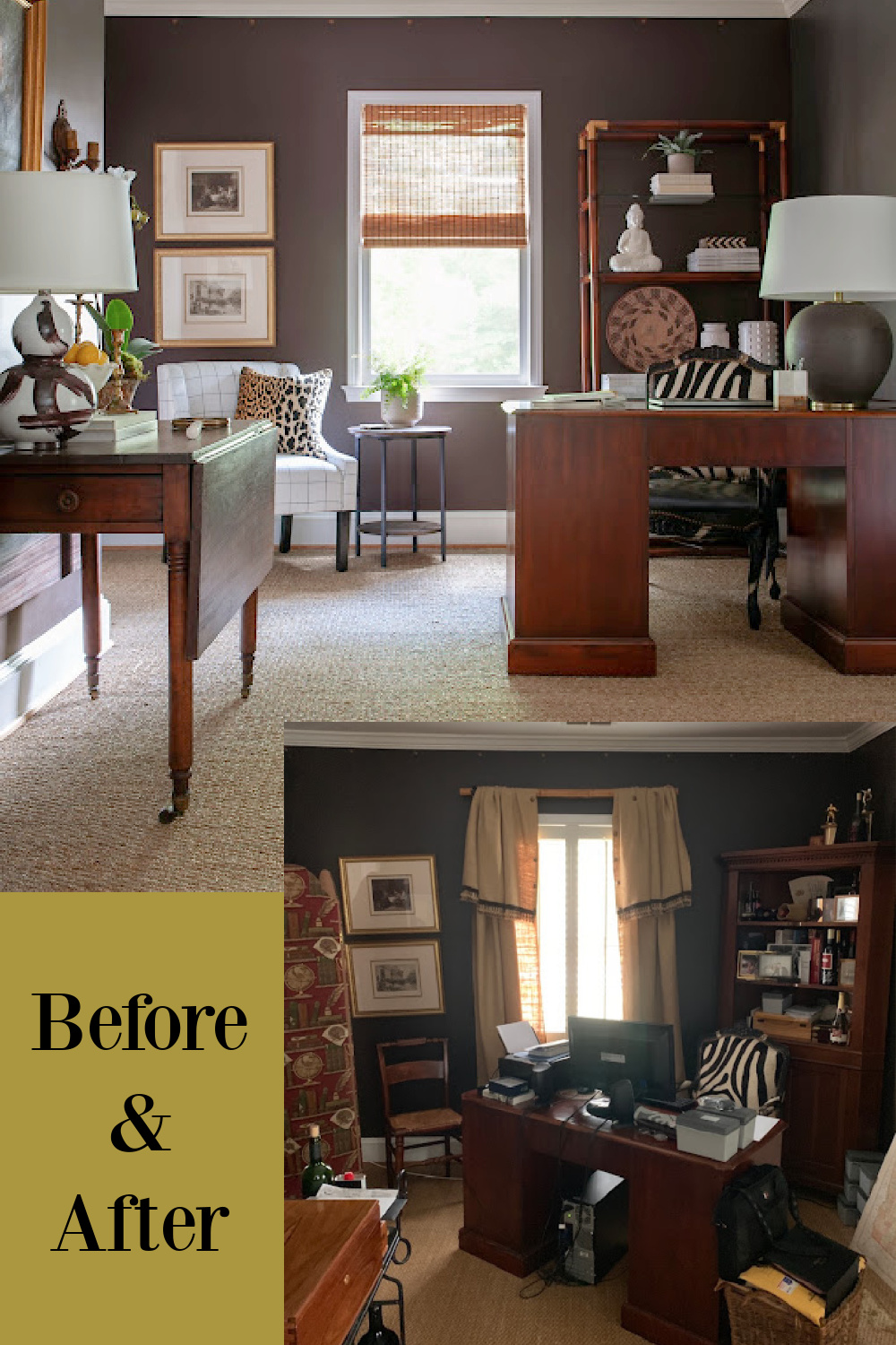 Idea for a cosmetic makeover of a home office with dark moody walls. Sherry Hart.