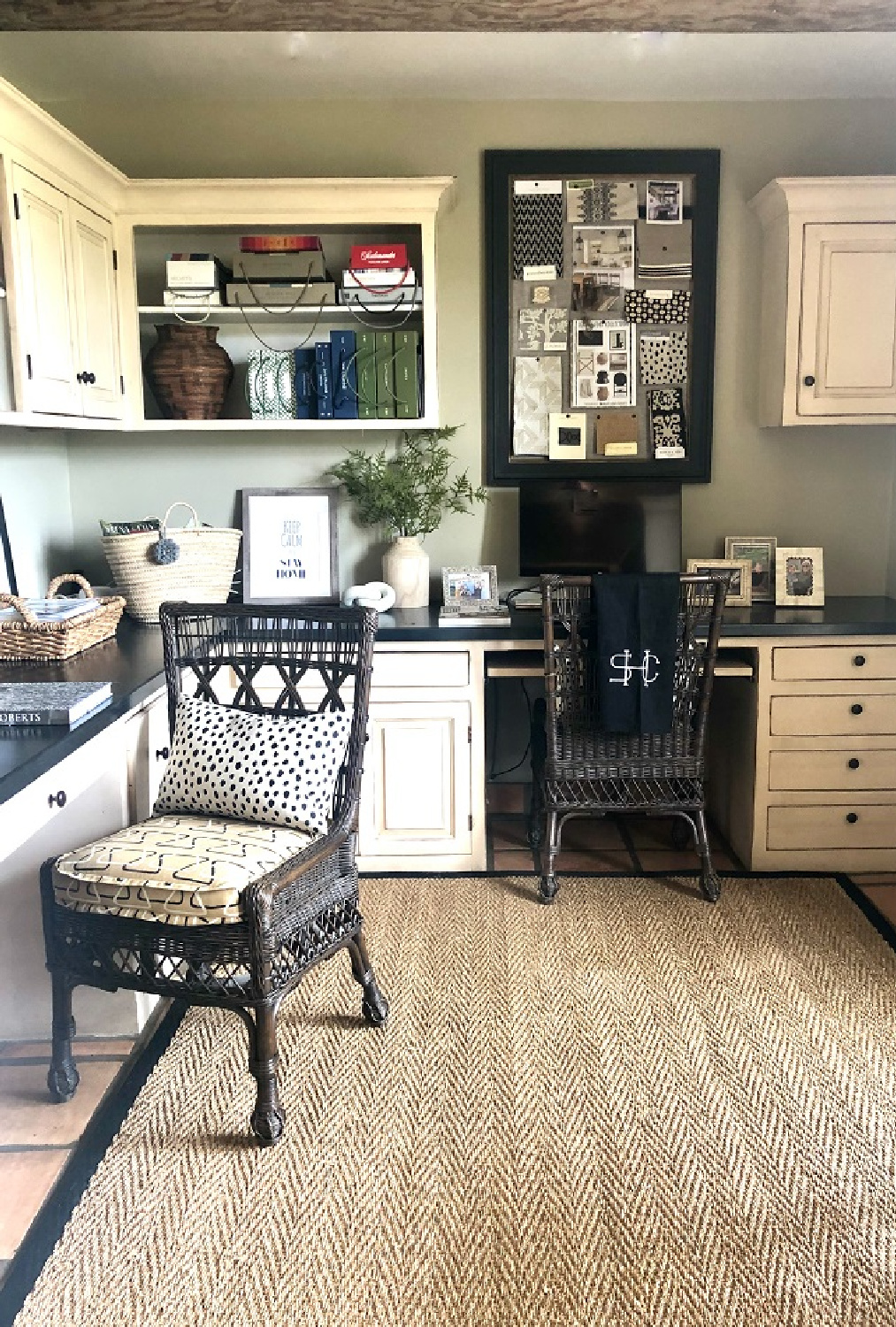 Cindy Hattersley designed home office with multiple work areas and white cabinetry.