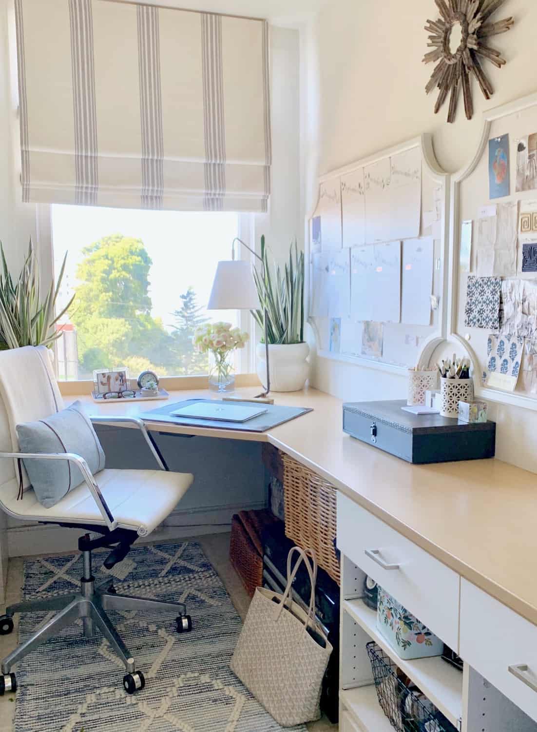 Custom pin boards and sunburst decor in a lovely California home office. Classic Casual Home. #homeoffices #cornerdesks