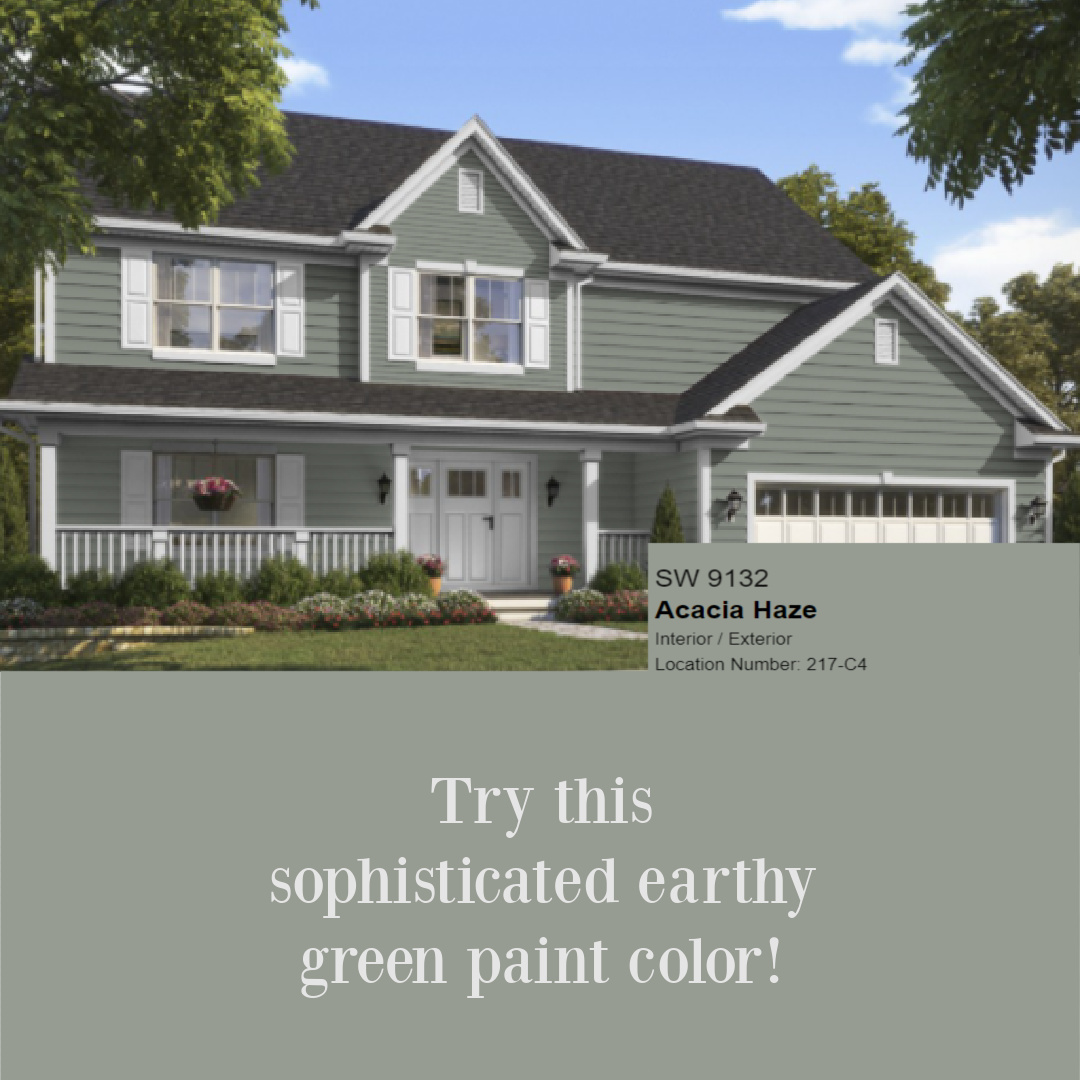Acacia Haze 9132 SW paint color is an earthy green shown here on a house exterior - Hello Lovely. #acaciahaze #greenpaint
