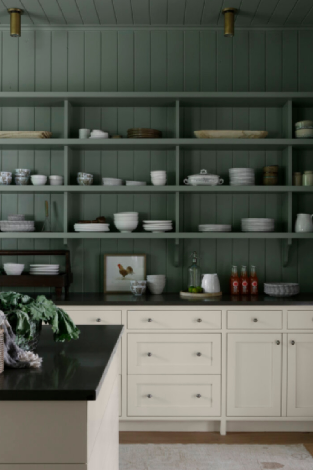 April Tomlinson designed kitchen (Southern Charm) with SW Acacia Haze green paint color. #acaciahaze #greenkitchens