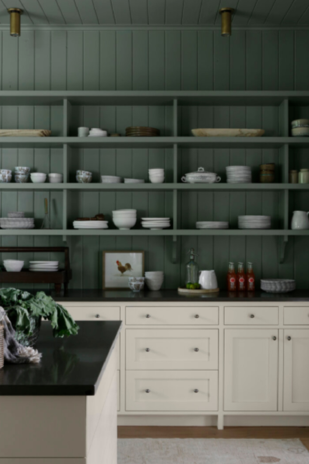 April Tomlin designed kitchen (Southern Charm) with SW Acacia Haze green paint color. #acaciahaze #greenkitchens