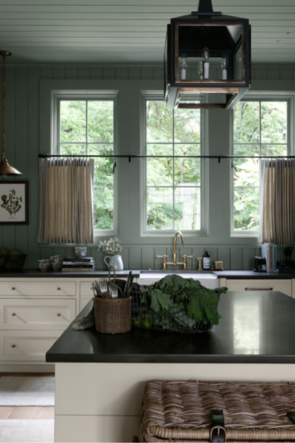 April Tomlin designed kitchen (Southern Charm) with SW Acacia Haze green paint color. #acaciahaze #greenkitchens