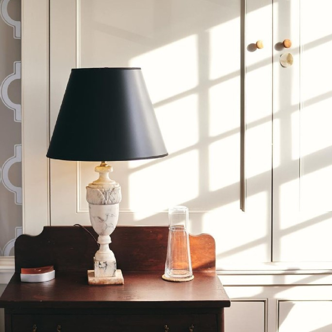 China White paint color on cabinetry in a bedroom - Reed Homestead Style (Brandon Vick Photography). #bmchinawhite