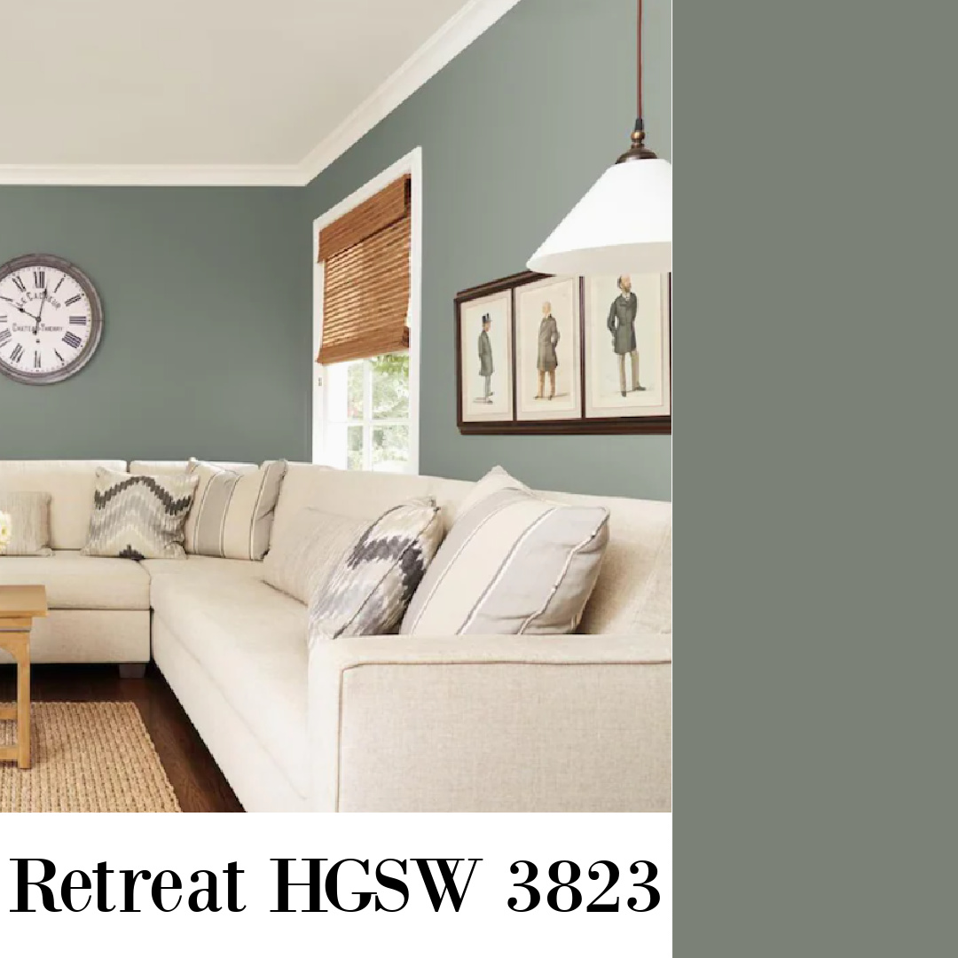 Retreat paint color (HGSW 3823) is an earthy tranquil soothing green-gray. #retreat #paintcolors