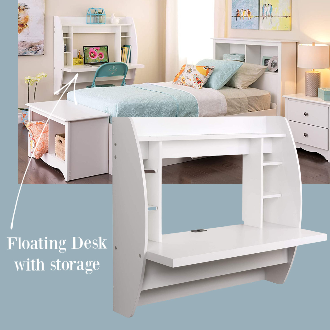 Floating desk (Prepac) mounts to wall and has storage - perfect for small spaces and working from home. #floatingdesk #murphydesk #homeofficefurniture