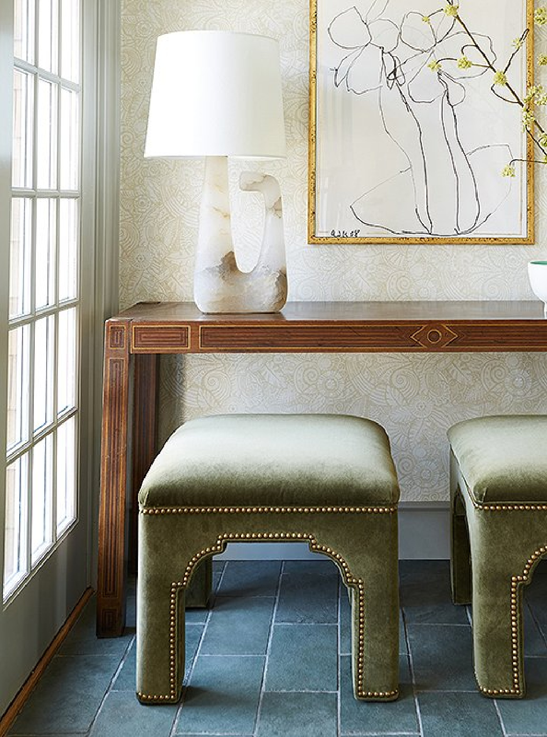 Elegant velvet upholstered stools at console in OKL showroom Connecticut farmhouse.