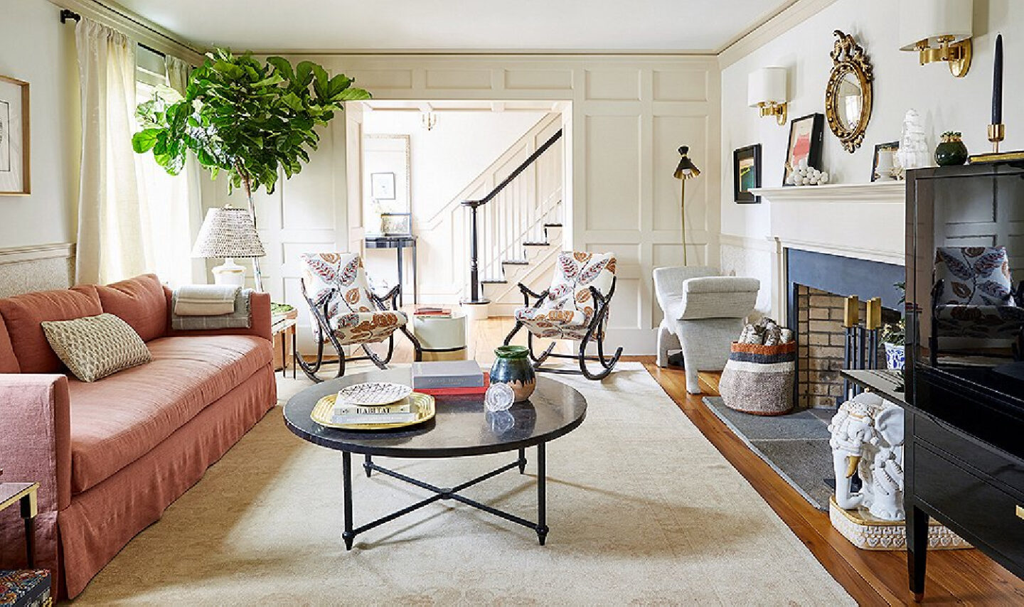 Elegant living room with classic interior design in a New England Farmhouse showhouse for OKL.