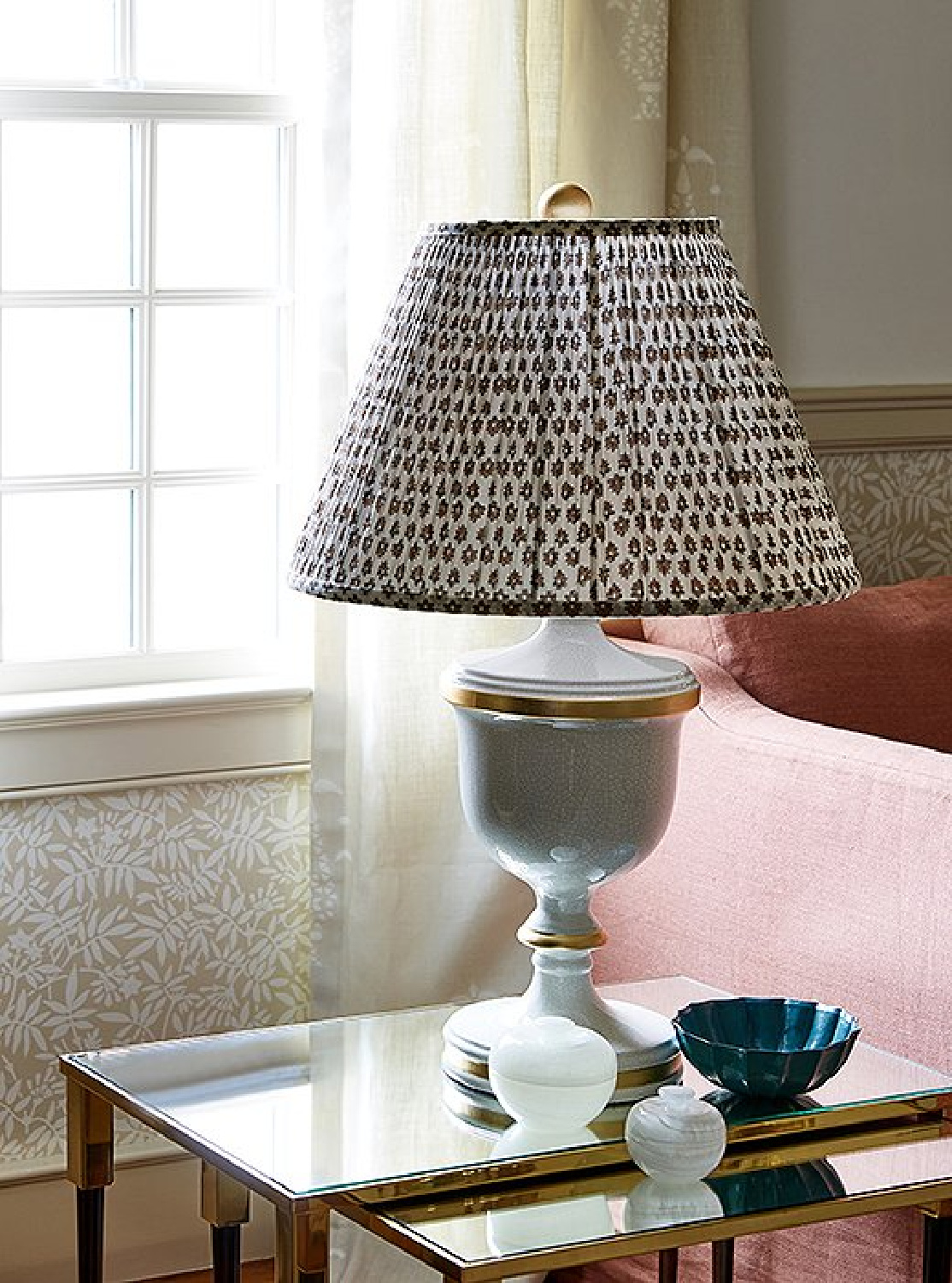 Detail of a living room table lamp with beautiful fabric shade in OKL's Connecticut farmhouse showhouse.