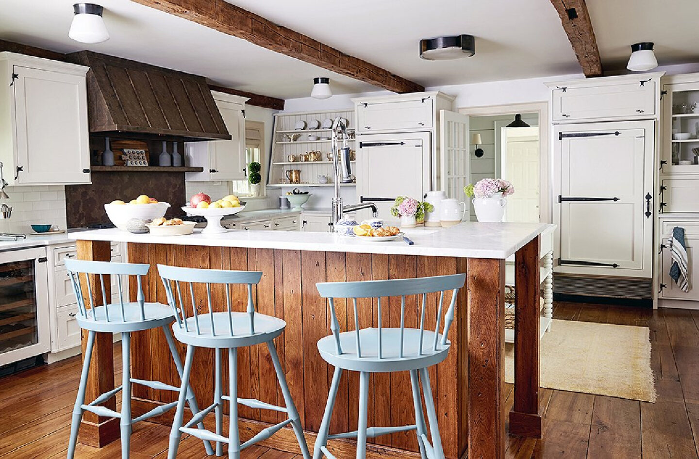 Timeless style in a modern country kitchen with blue accents in Connecticut - OKL>