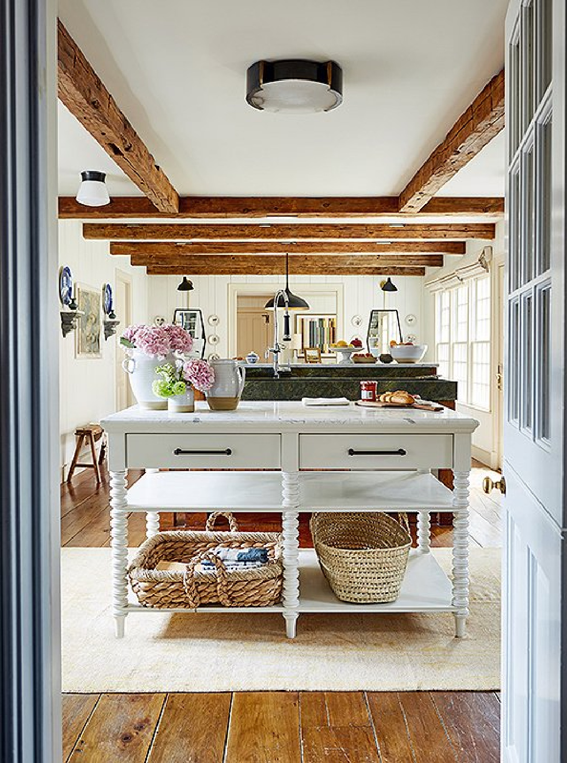 Detail of kitchen work table in OKL's Connecticut farmhouse kitchen.