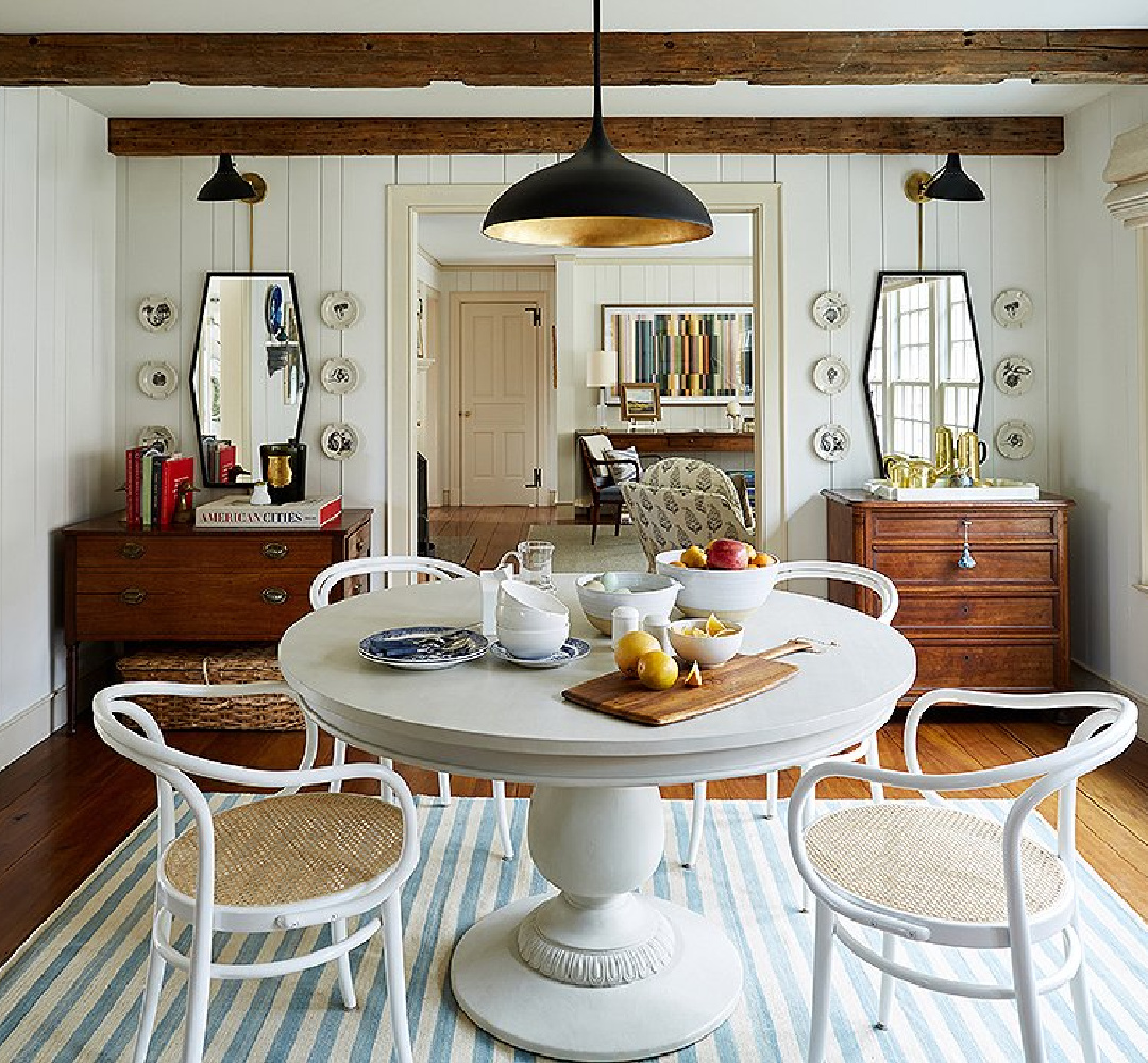 Modern country dining room with round pedestal table and black pendants - OKL.