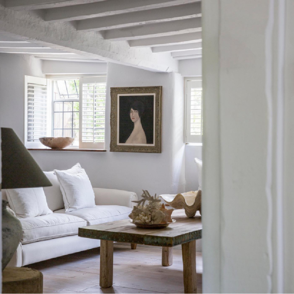 Serene, lovely, authentic English cottage interior with white, raw wood beams, and European antiques - Anton & K. #englishcottage #oldworldstyle