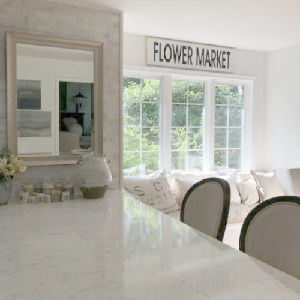 A mix of whites in my timelessly tranquil kitchen with European country decor, Viatera Minuet quartz, and Belgian linen - Hello Lovely Studio.