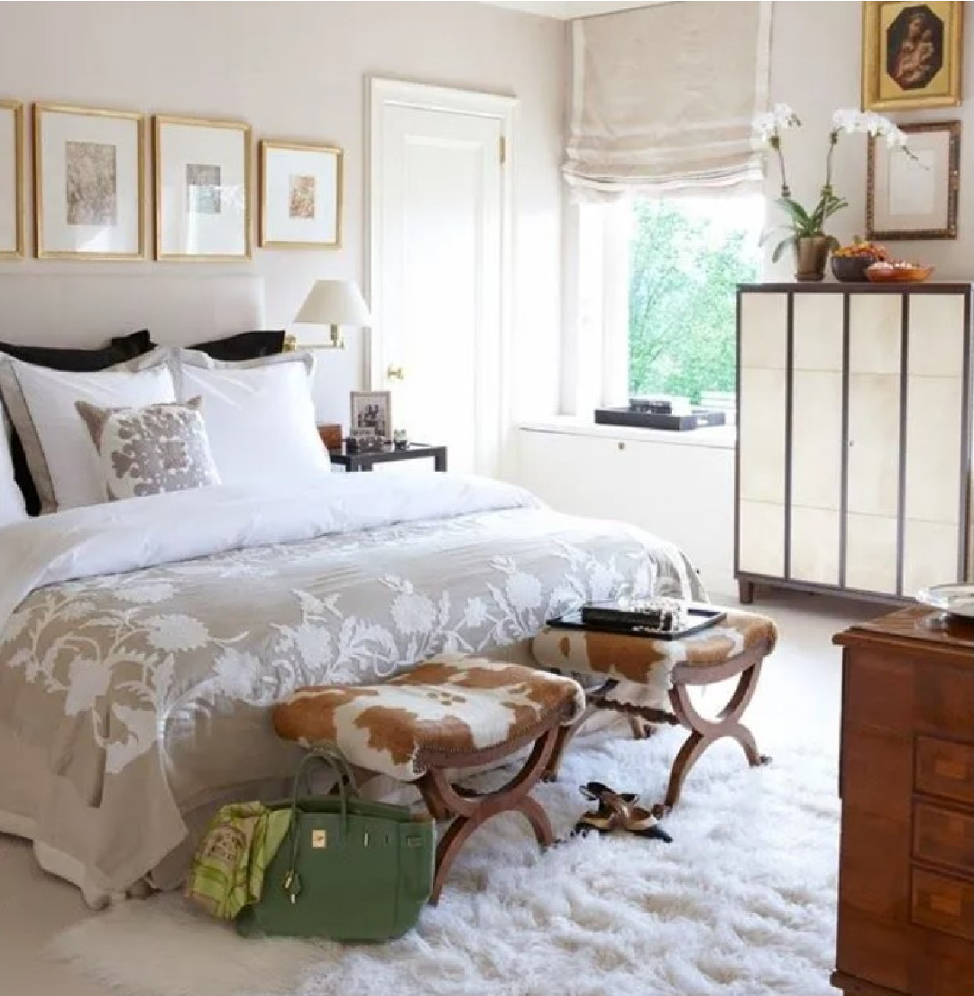 Behr Irish Mist paint color on walls of lovely bedroom with neutrals - Veranda. #behririshmist #whitepaintcolors