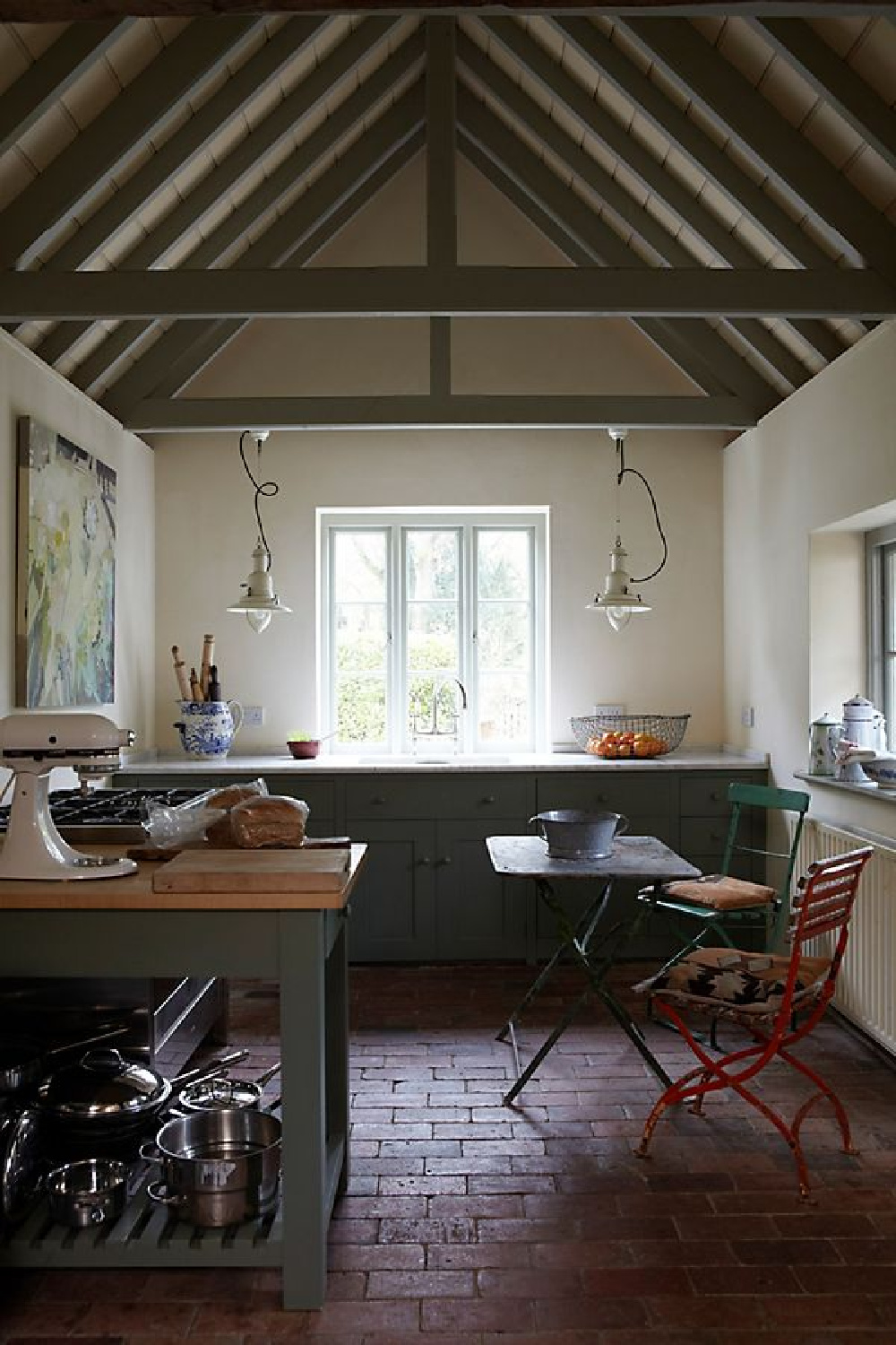 Farrow & Ball Pointing in an Old World European country kitchen with beautiful rustic wood beams.