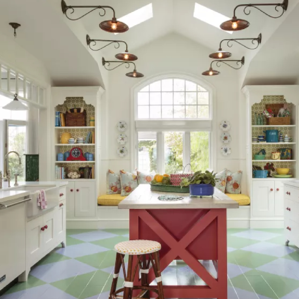 Magnificent architecture and custom design (Alison Kandler) in a French kitchen with colorful checkered floor.