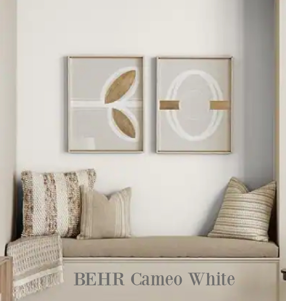 Cameo White BEHR paint color on wall behind built-in bench. #cameowhite #whitepaintcolors