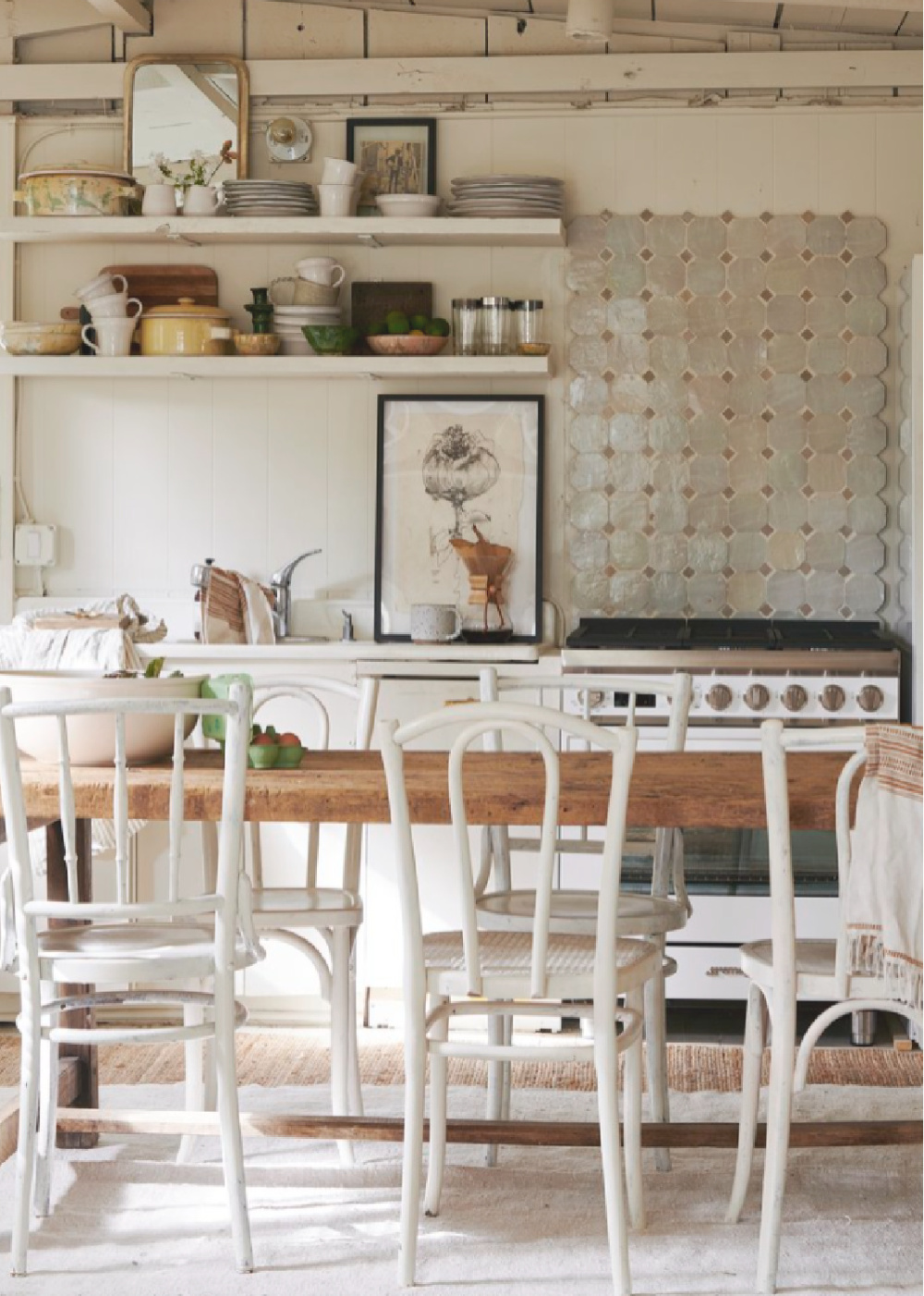 Leanne Ford designed vintage modern rustic kitchen painted Crisp Linen (BEHR). #leanneford #whitepaintcolors #behrcrisplinen