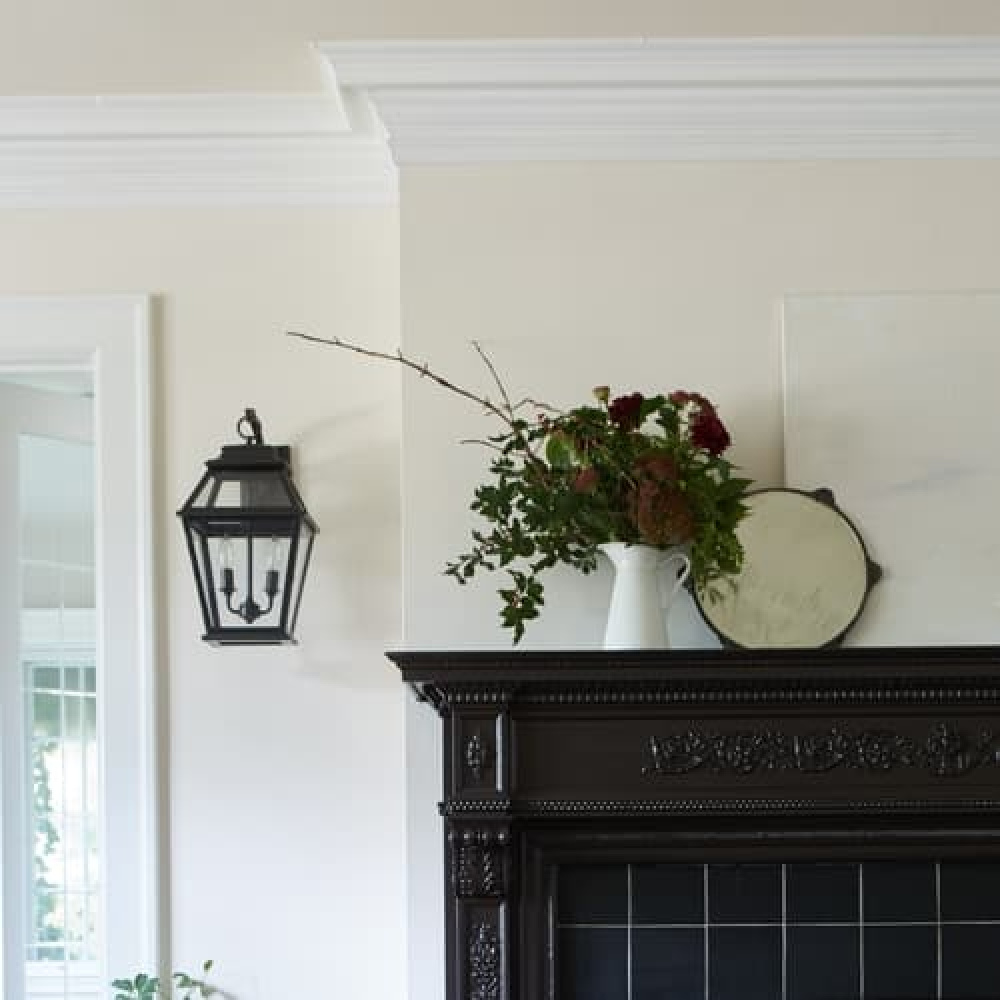 Sugar Soap (PPG) paint on walls with black fireplace in a space designed by Leanne Ford.