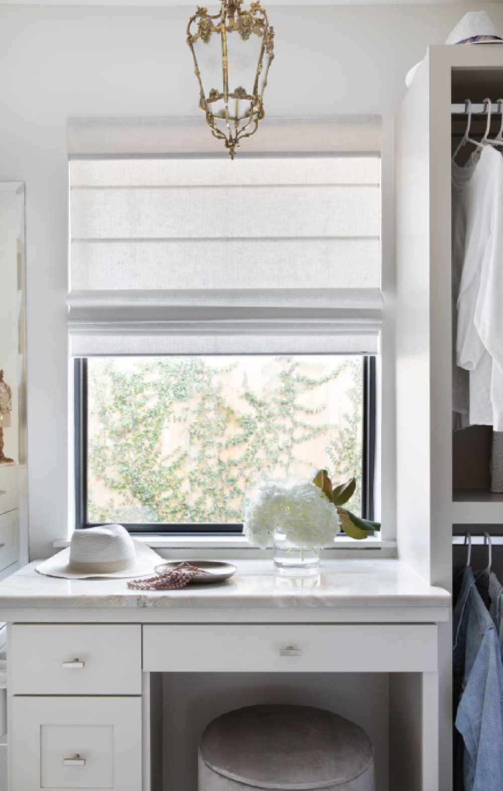 Beautiful closet with desk - a cloffice space by @williamshousellc. #cloffice #closetgoals #windowincloset