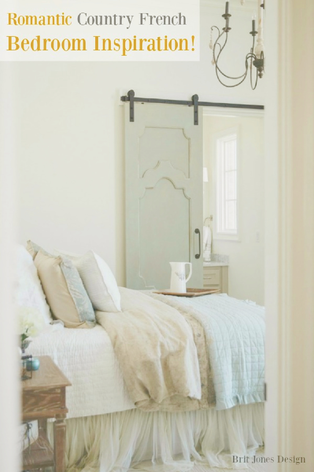 French country bedroom with custom barn door painted Duck Egg Blue and romantic linen bedding - Brit Jones Design. #romanticbedrooms