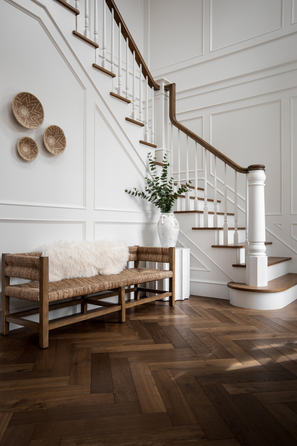 Staircase in beautiful French country home with interior design by Jenny Martin Design. #frenchcountryhome #interiordesign