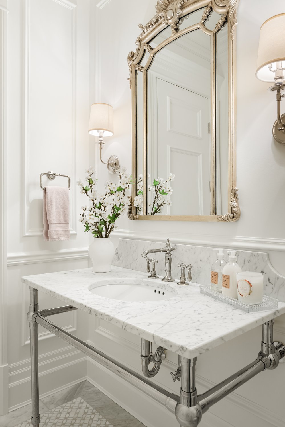 White bathroom console sink in beautiful French country home with interior design by Jenny Martin Design. #frenchcountrybath #interiordesign