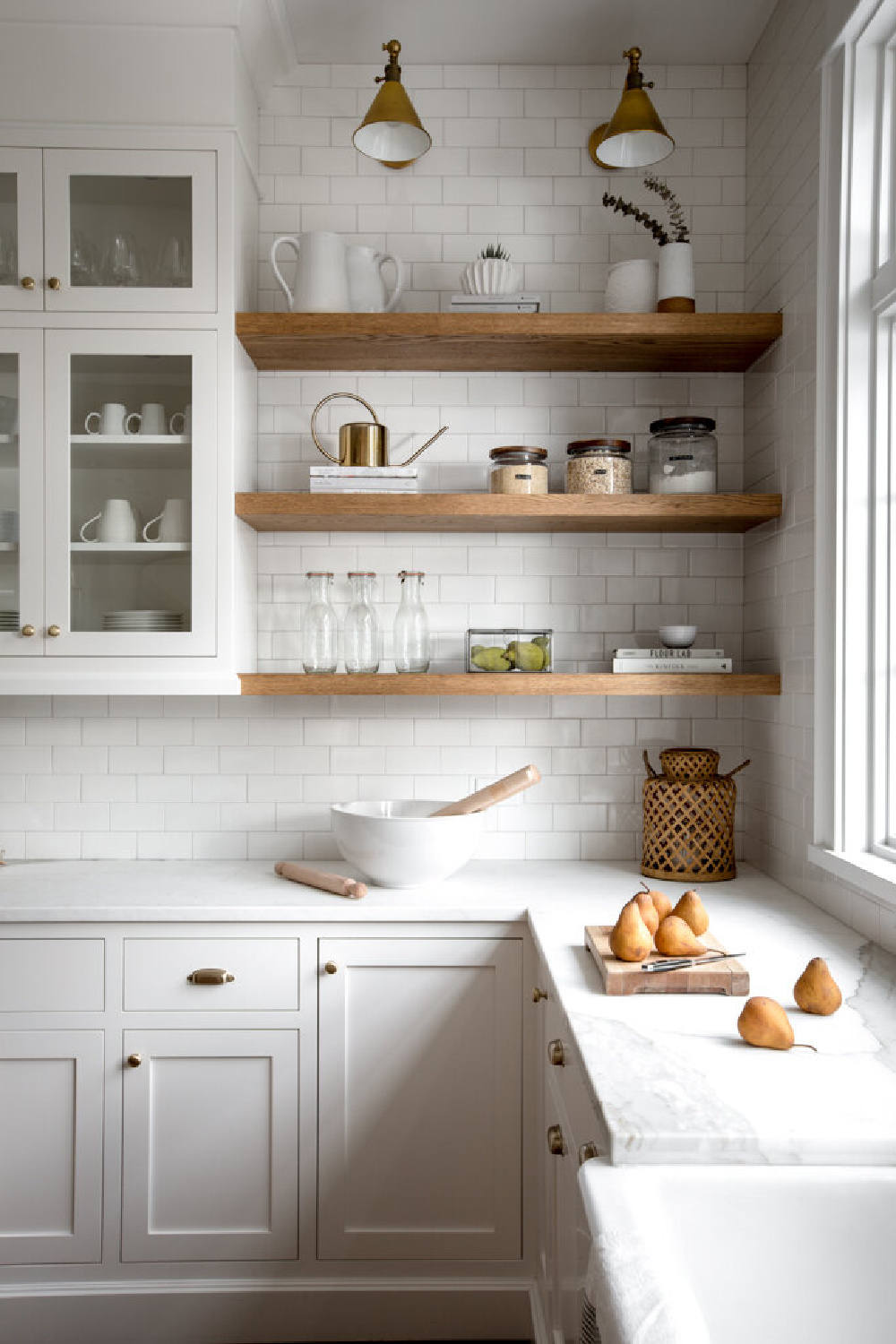 Wood open shelves in beautiful French country home with interior design by Jenny Martin Design. #openshelves #frenchcountrykitchen #interiordesign