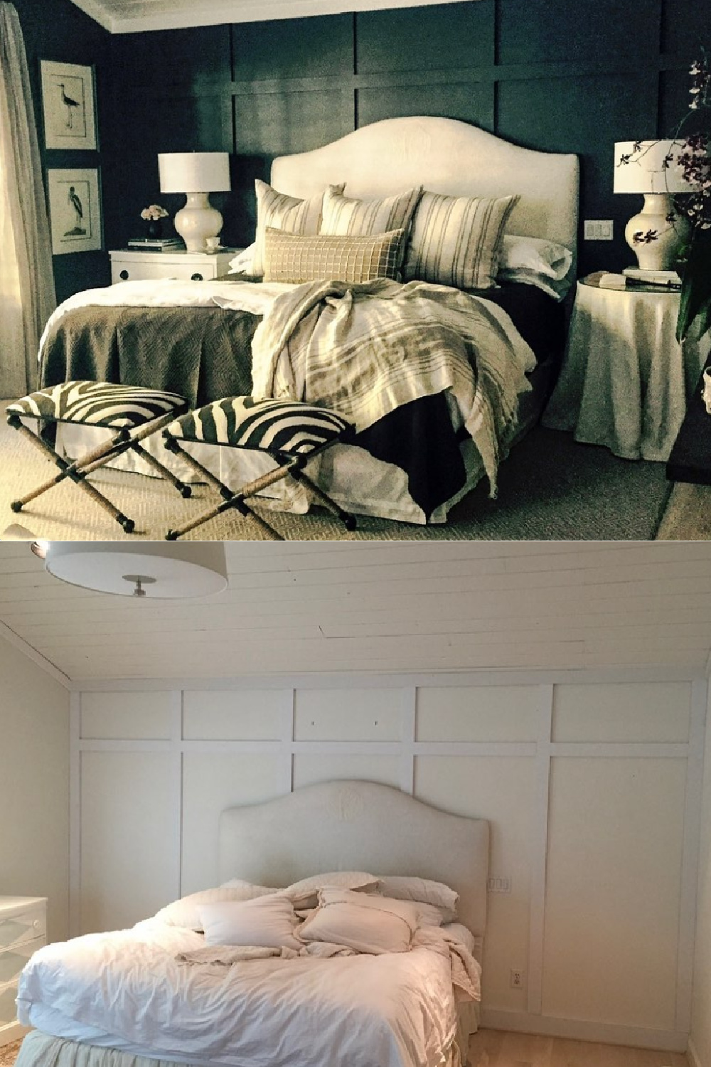 Iron Mountain (Benjamin Moore) painted statement wall in bedroom with design by Sherry Hart and the "before" room painted white. #ironmountain #blackpaintcolors #smironmountain