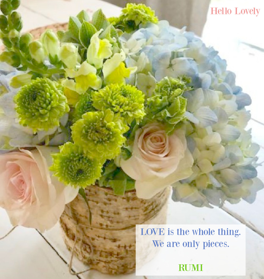 Pastel floral arrangement on my kitchen table with Rumi love quote - Hello Lovely Studio. #rumiquotes