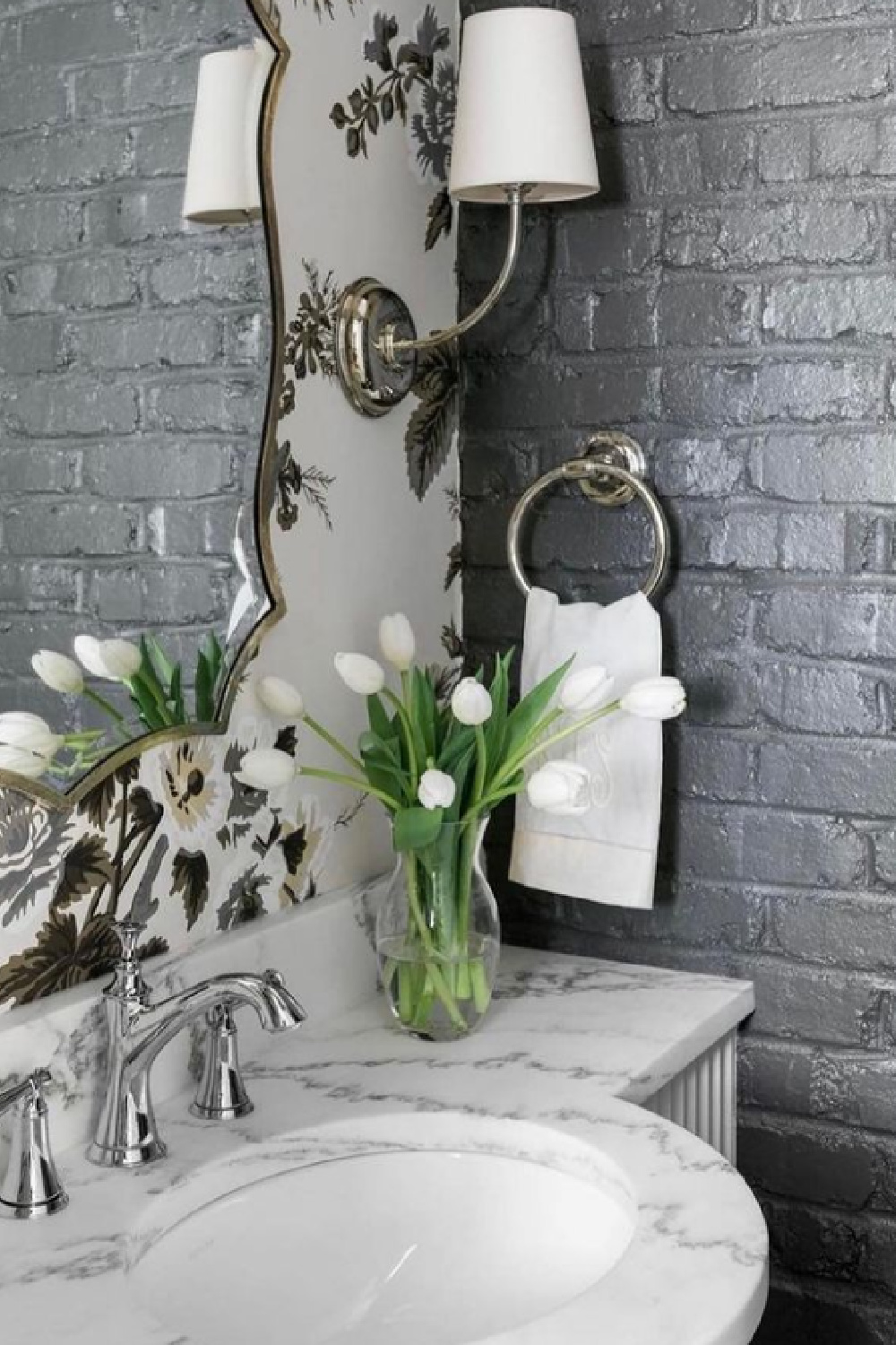 Urbane Bronze (Sherwin-Williams) charcoal or soft black paint color on brick in bathroom - design by Sherry Hart. #urbanebronze #charcoalpaintcolors #sherwinwilliamsurbanebronze