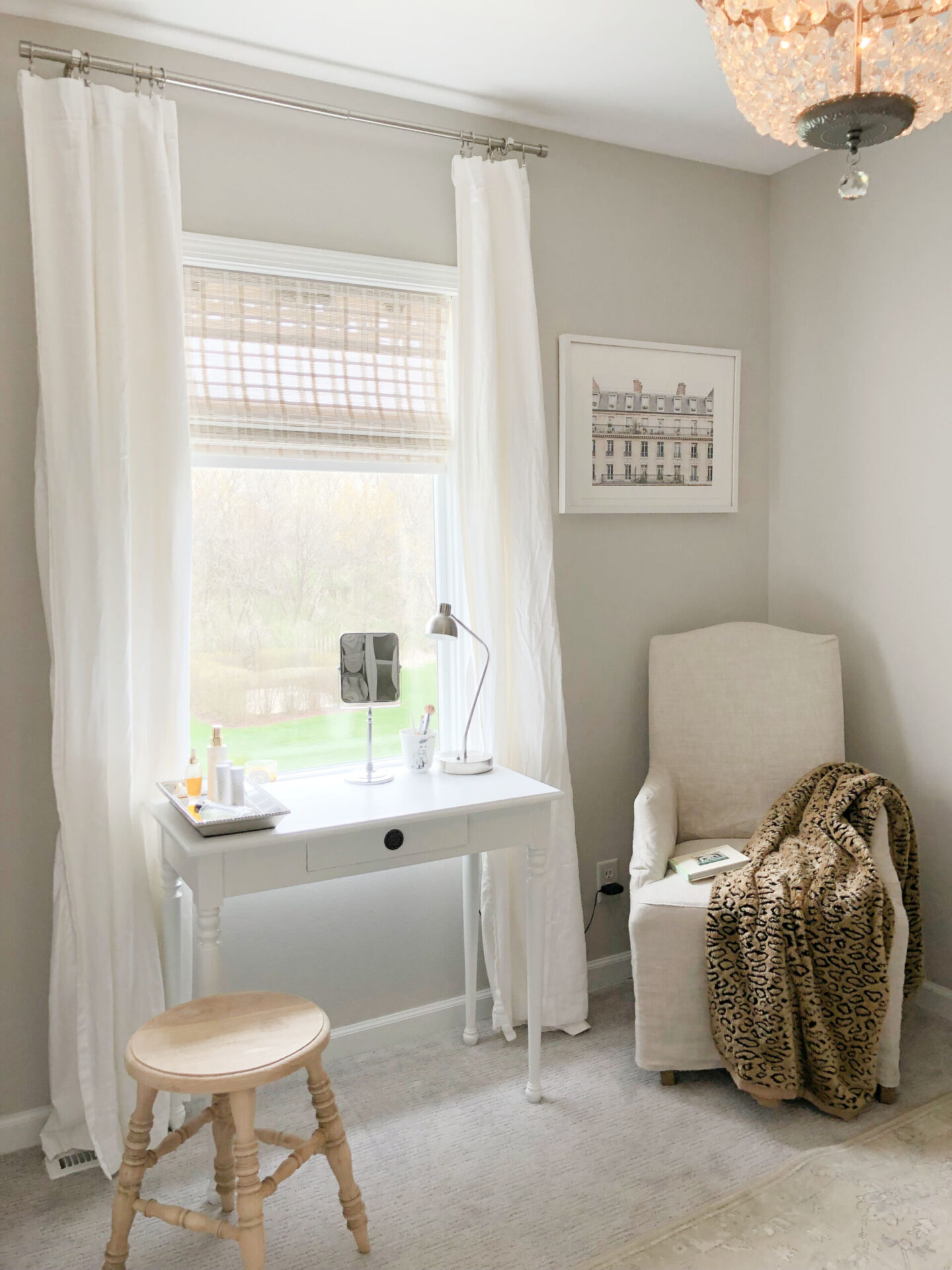 Sweet little vintage desk becomes a great vanity and place for the laptop in a customized cloffice - Hello Lovely Studio.