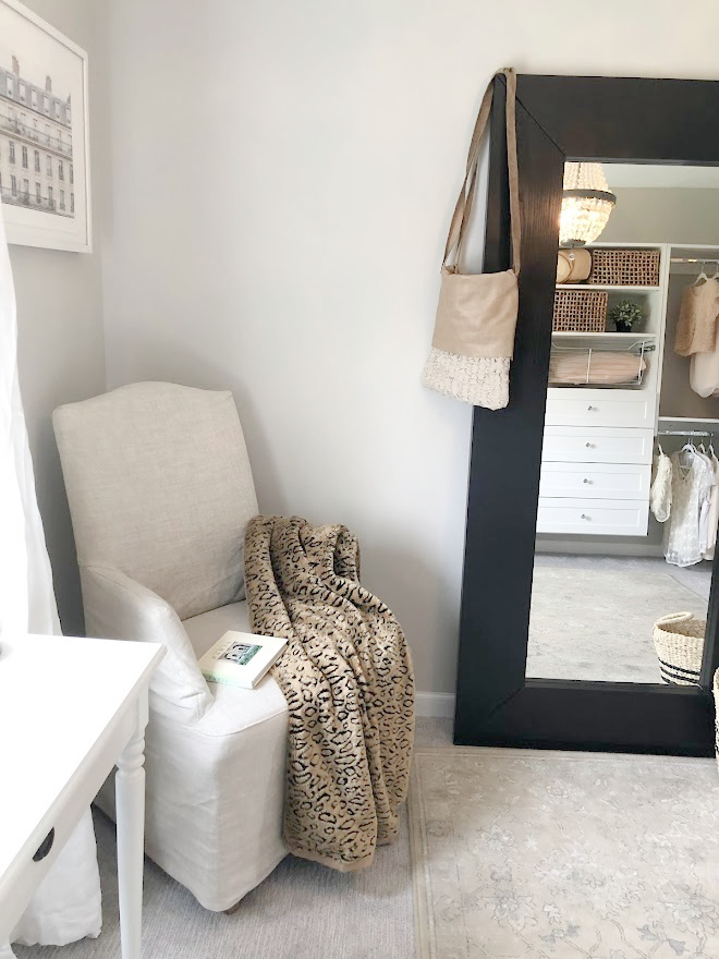 Belgian linen chair and floor mirror in my cloffice - Hello Lovely Studio. #cloffice #agreeablegray