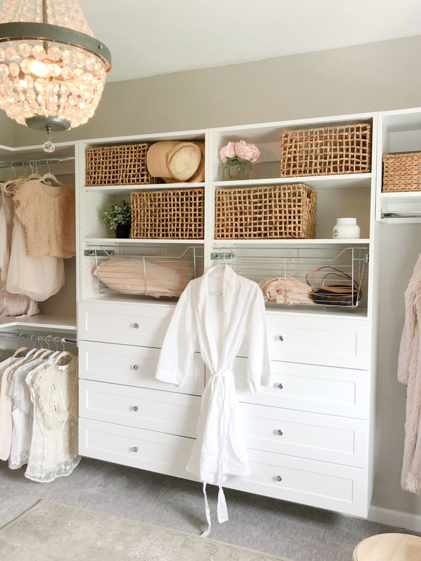 Natural woven baskets soften the Shaker style towers in my DIY closet, home office, dressing area - Hello Lovely Studio.
