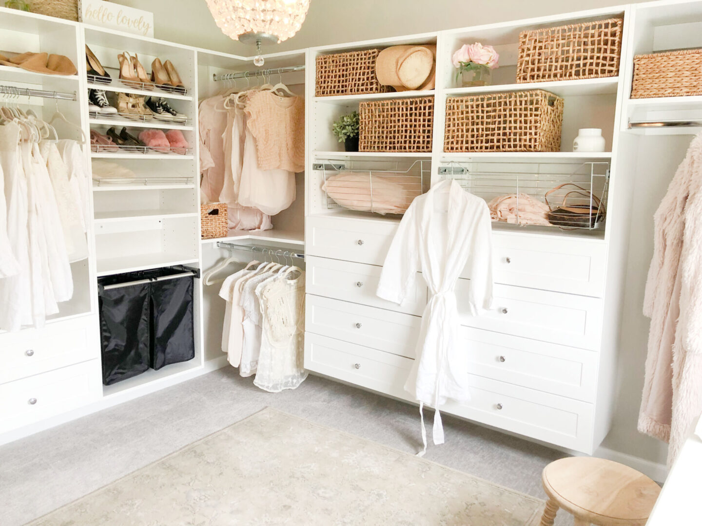 Modular Closets helped me design this pretty closet, office, dressing room which feels calm and inviting - Hello Lovely Studio.
