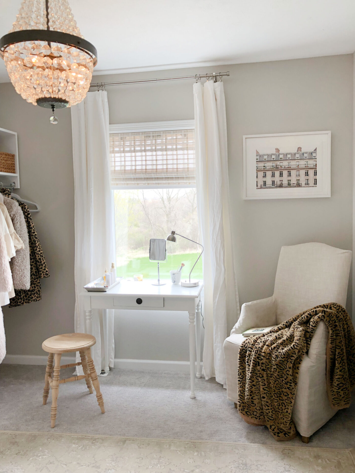 A petite vintage desk fits nicely under the window in my closet, office, dressing room - Hello Lovely Studio. #cloffice #diycloset #prettycloset